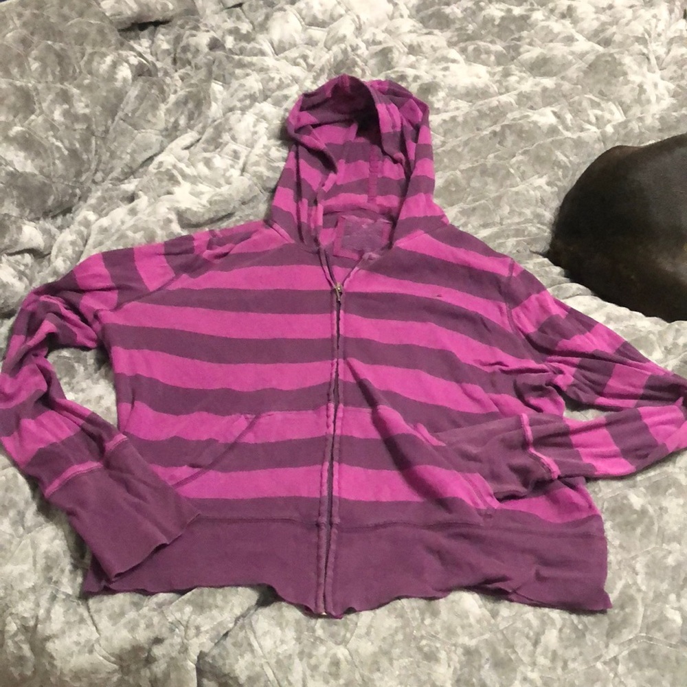aerie XL Zip Up Long Sleeved Purple Stripe Hoodie